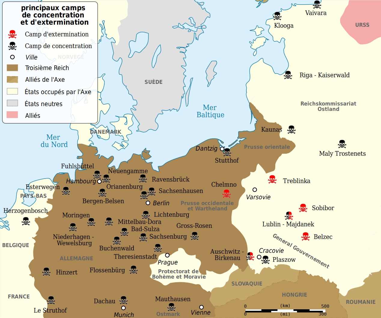 Carte des camps de concentration et d'extermination nazis (Source : https://fr.wikipedia.org/wiki/Camps_de_concentration_nazis#/media/Fichier:WW2_Holocaust_Europe_N-E_map-fr.svg).